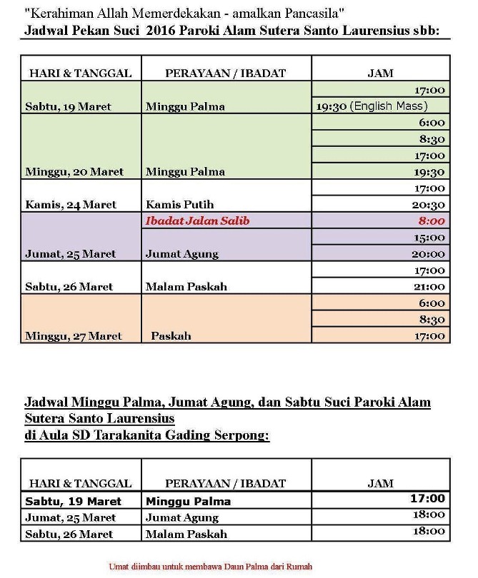 Jadwal Misa Pekan Suci Di KAJ Tahun 2016 (1) | SESAWI.NET