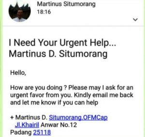 Akun email Bapak Uskup Keuskupan Padang Mgr. Martinus Dogma Situmorang OFMCap yang telah diretas pembajak. (Ist)