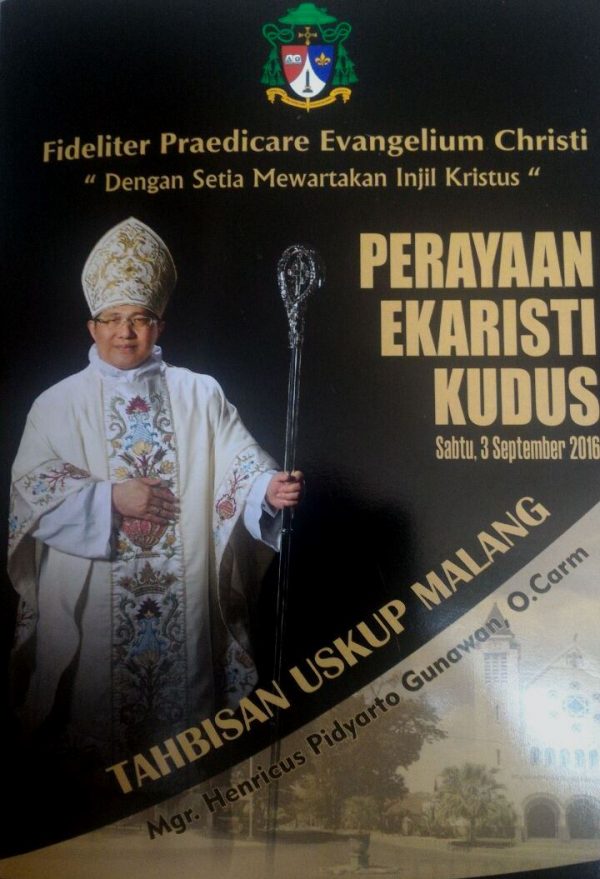 Perayaan ekaristi tahbisan episkopal untuk Mgr. Dr. Henricus Pidyarto Gunawan O.Carm yang diangkat Vatikan menjadi Uskup baru Keuskupan Malang menggantikan posisi Mgr. Herman Joseph Sahadat Pandoyoputro O.Carm. Misa tahbisan episkopal akan berlangsung di Stadion Gajayana Malang, 3 September 2016.