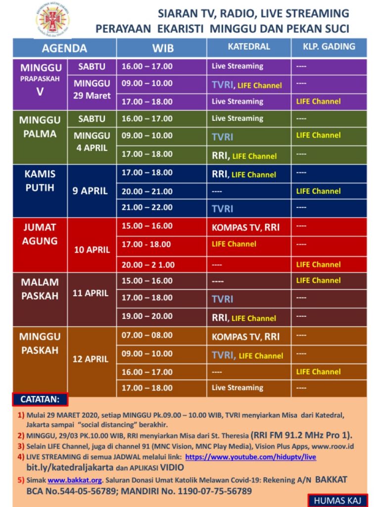 Jadwal Siaran Langsung Misa Pekan Suci Di KAJ | SESAWI.NET